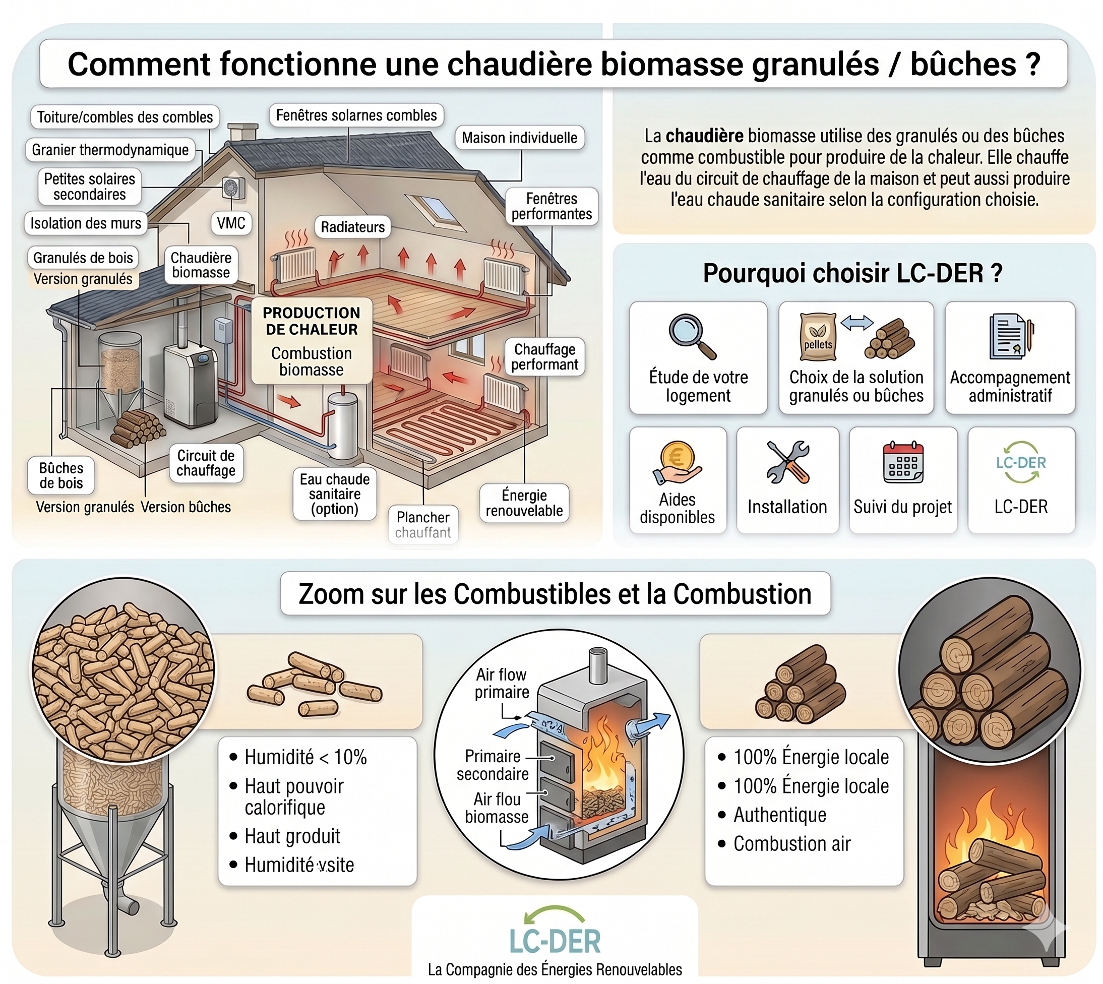 Comment fonctionne une chaudière biomasse granulés ou bûches : combustion, circuit de chauffage, radiateurs, plancher chauffant et eau chaude sanitaire